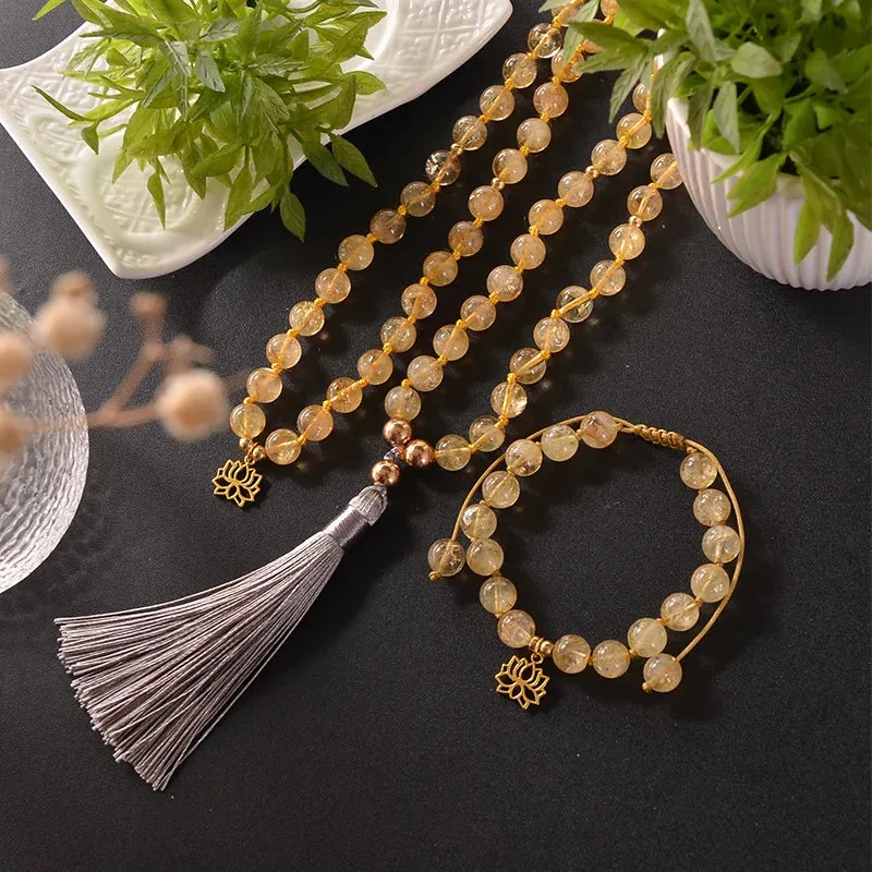 108 Natural Citrine Japamala Necklace Meditation Yoga Blessing Rosary Jewelry Bracelet Set