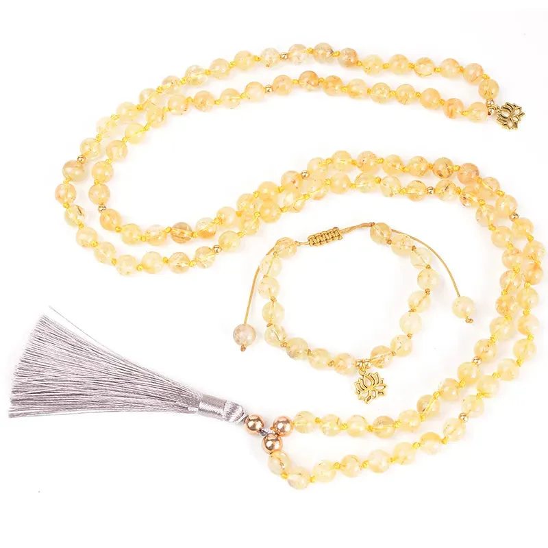 108 Natural Citrine Japamala Necklace Meditation Yoga Blessing Rosary Jewelry Bracelet Set