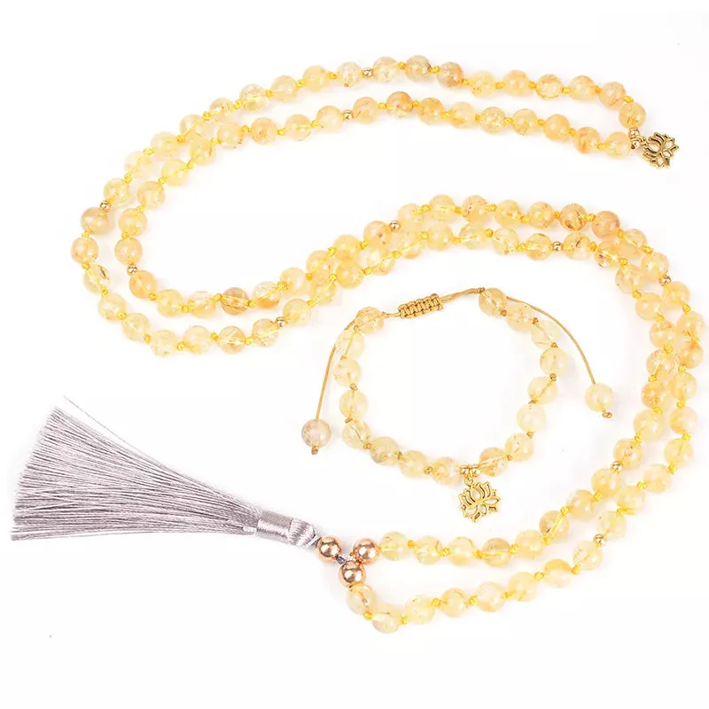 108 Natural Citrine Japamala Necklace Meditation Yoga Blessing Rosary Jewelry Bracelet Set
