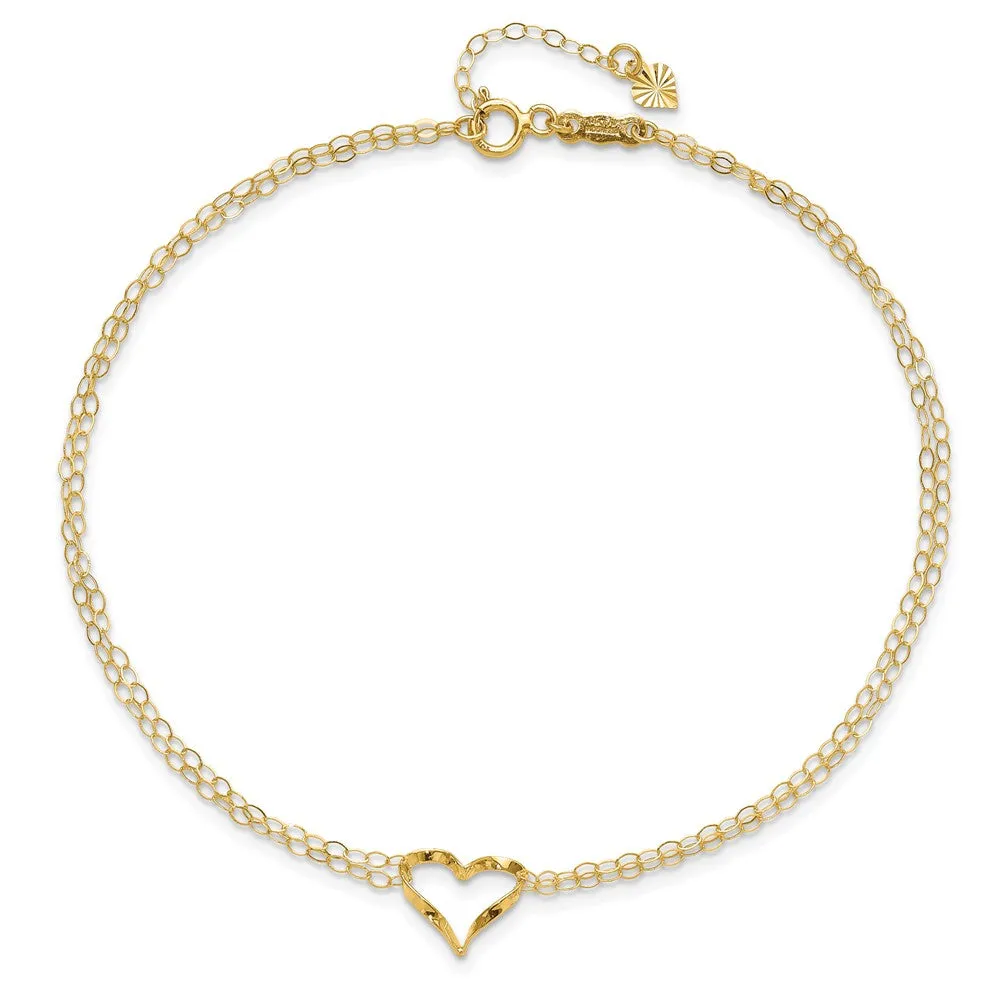 14K Double Strand Heart 9 Inch With 1 Inch Extension Anklet