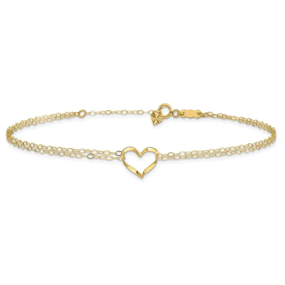 14K Double Strand Heart 9 Inch With 1 Inch Extension Anklet
