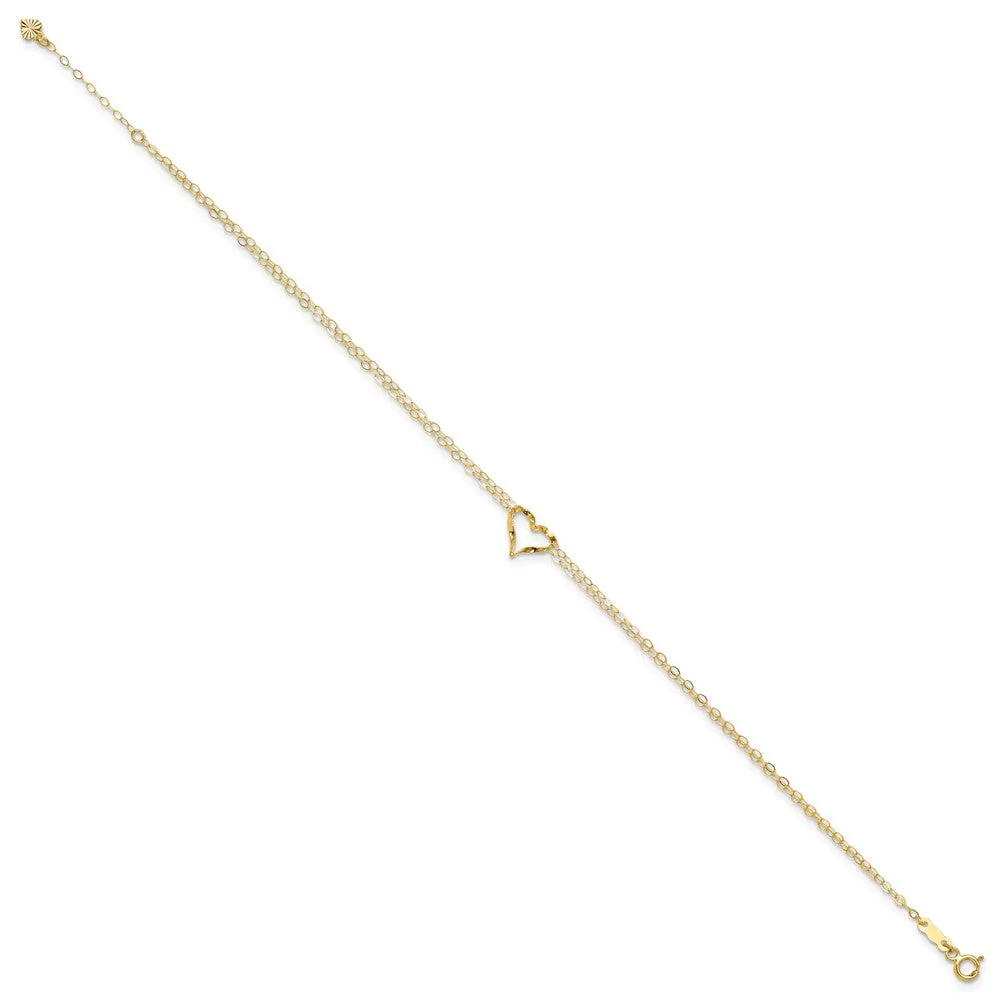 14K Double Strand Heart 9 Inch With 1 Inch Extension Anklet