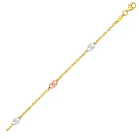 14k Tri Color Gold Anklet with Textured Ovals