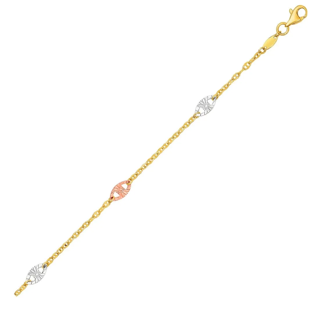 14k Tri Color Gold Anklet with Textured Ovals