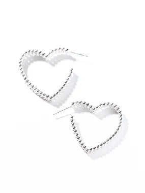 14K White Gold Textured Heart Hoop Earrings