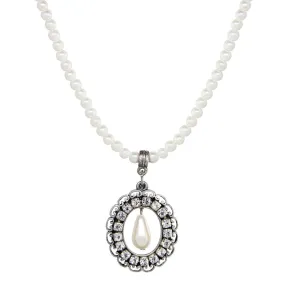 1928 Jewelry Oval Crystal Teardrop Pendant Faux Pearl Strand Necklace 15"   3" Extension
