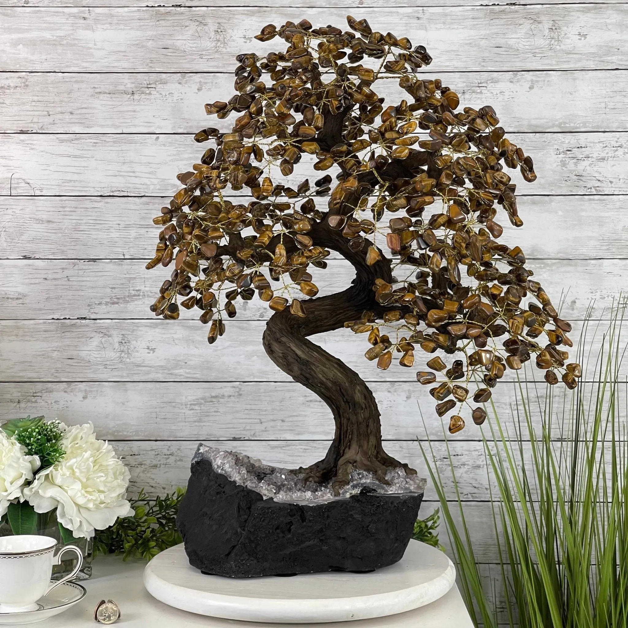 25" Tall Large Handmade Tiger's Eye Gemstone Tree on an Amethyst Base, 720 gems #5407TE-001 by Brazil Gems