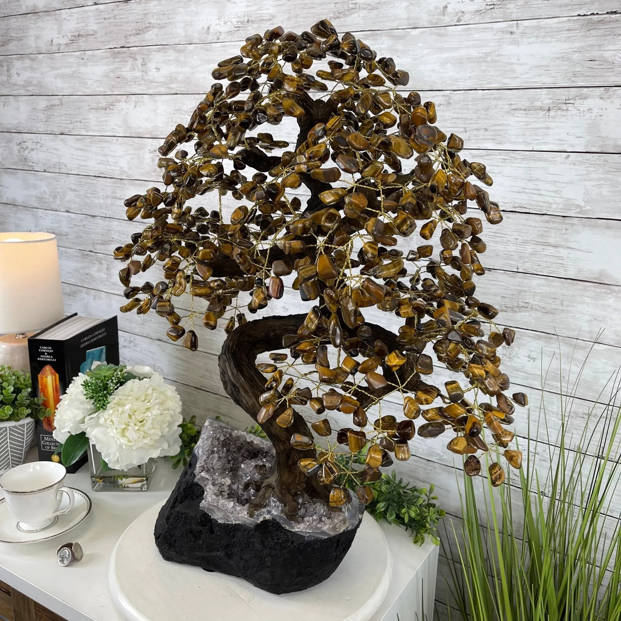25" Tall Large Handmade Tiger's Eye Gemstone Tree on an Amethyst Base, 720 gems #5407TE-001 by Brazil Gems