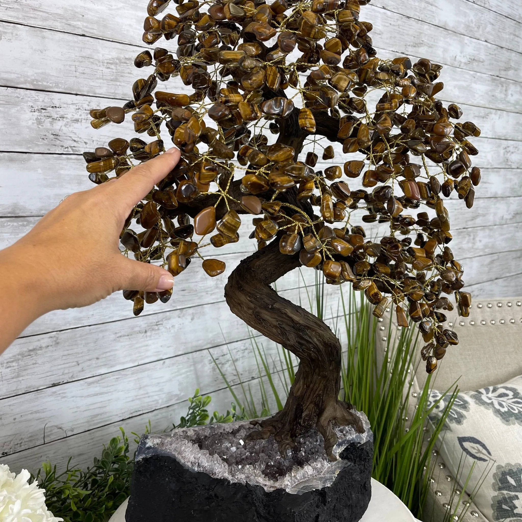 25" Tall Large Handmade Tiger's Eye Gemstone Tree on an Amethyst Base, 720 gems #5407TE-001 by Brazil Gems