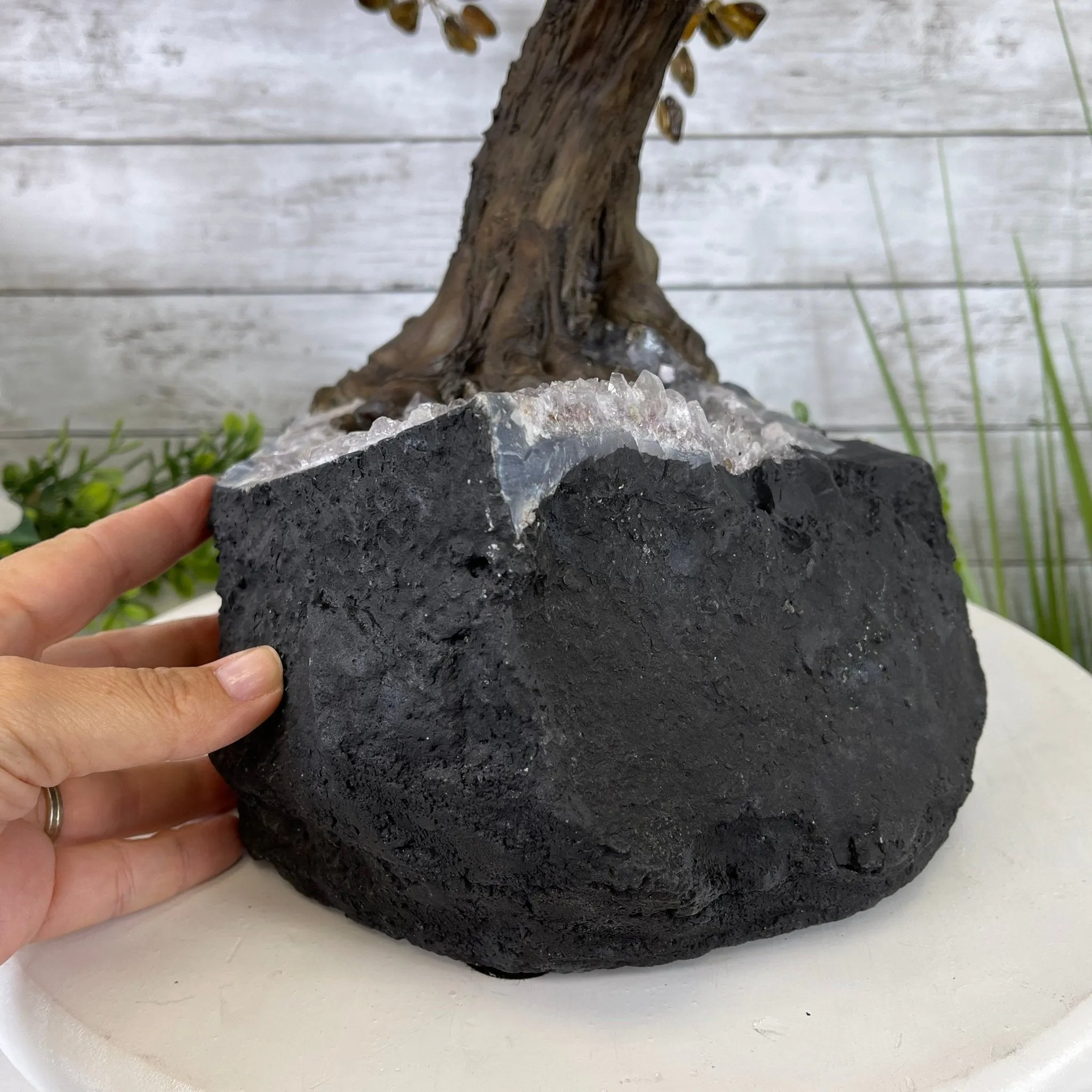 25" Tall Large Handmade Tiger's Eye Gemstone Tree on an Amethyst Base, 720 gems #5407TE-001 by Brazil Gems