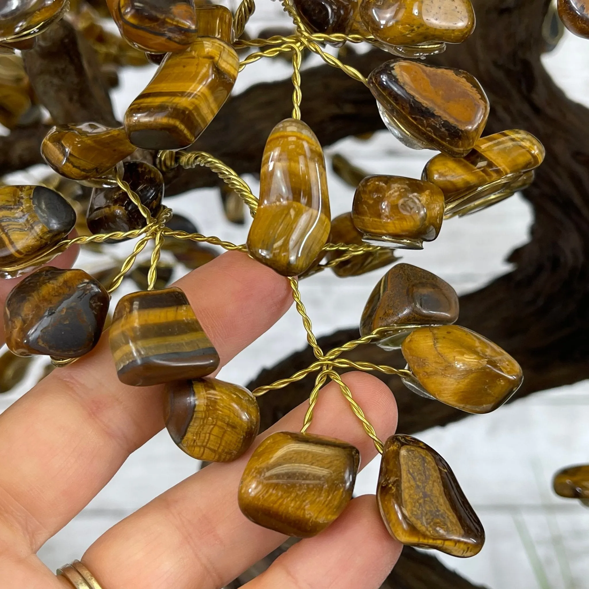 25" Tall Large Handmade Tiger's Eye Gemstone Tree on an Amethyst Base, 720 gems #5407TE-001 by Brazil Gems