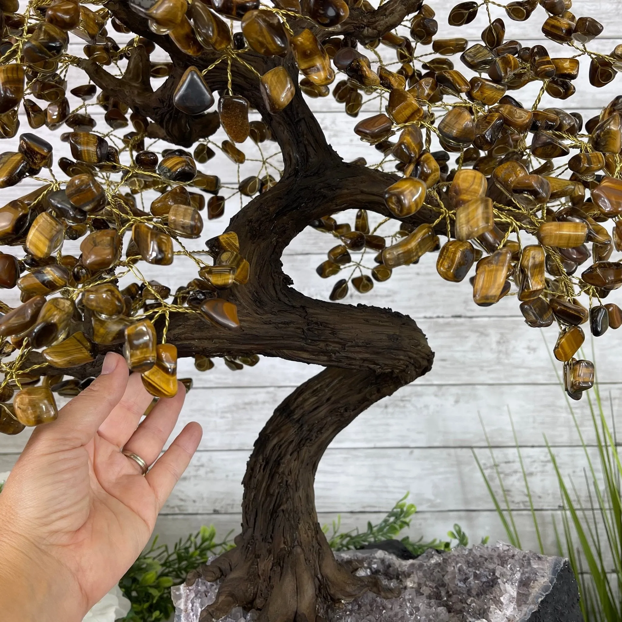 25" Tall Large Handmade Tiger's Eye Gemstone Tree on an Amethyst Base, 720 gems #5407TE-001 by Brazil Gems