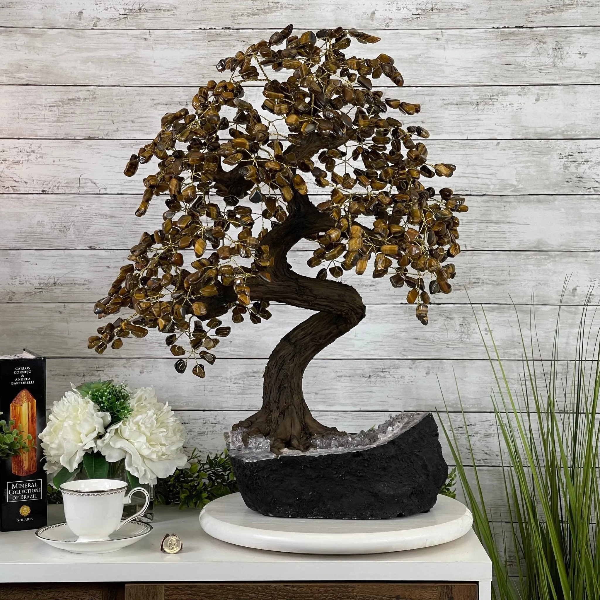 25" Tall Large Handmade Tiger's Eye Gemstone Tree on an Amethyst Base, 720 gems #5407TE-001 by Brazil Gems