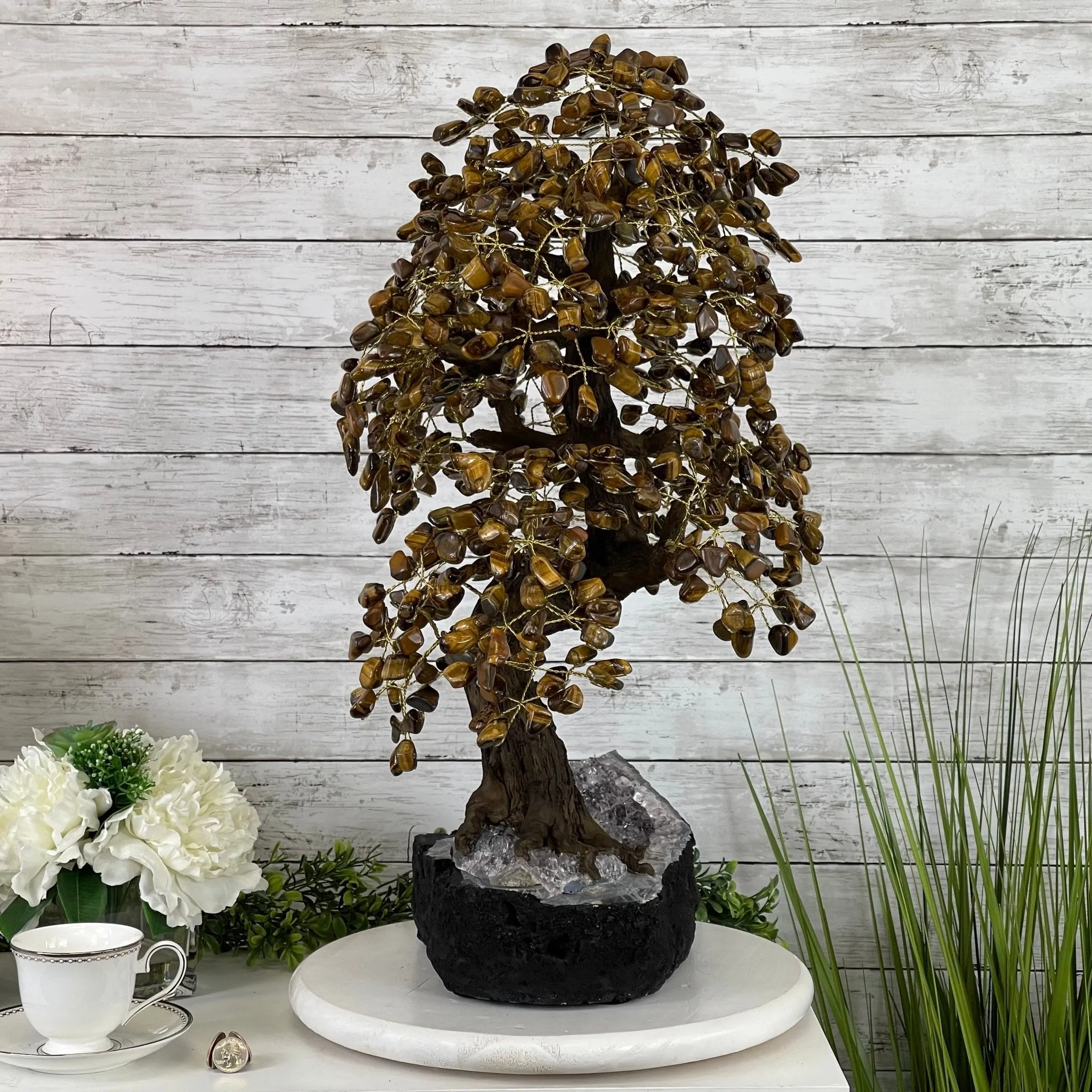 25" Tall Large Handmade Tiger's Eye Gemstone Tree on an Amethyst Base, 720 gems #5407TE-001 by Brazil Gems