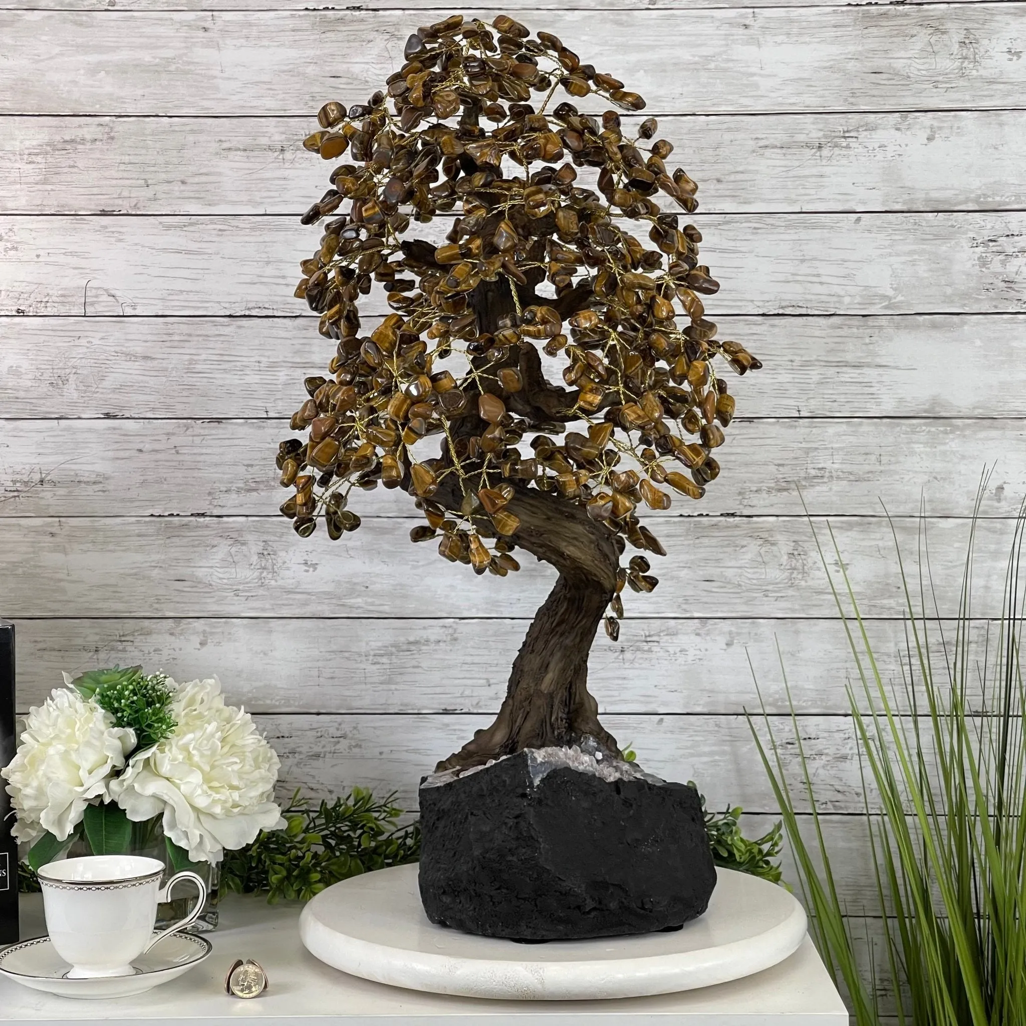 25" Tall Large Handmade Tiger's Eye Gemstone Tree on an Amethyst Base, 720 gems #5407TE-001 by Brazil Gems