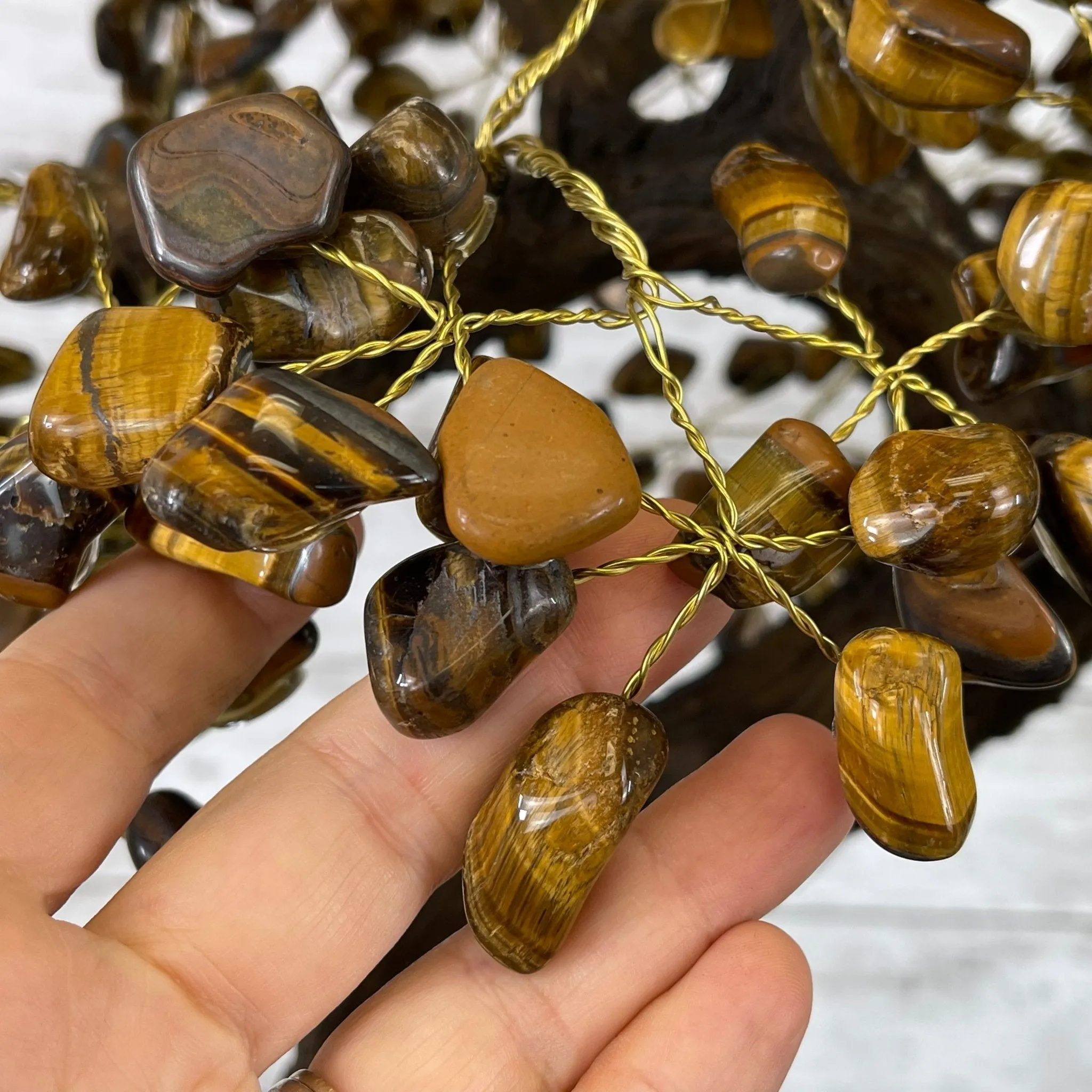 25" Tall Large Handmade Tiger's Eye Gemstone Tree on an Amethyst Base, 720 gems #5407TE-002 by Brazil Gems