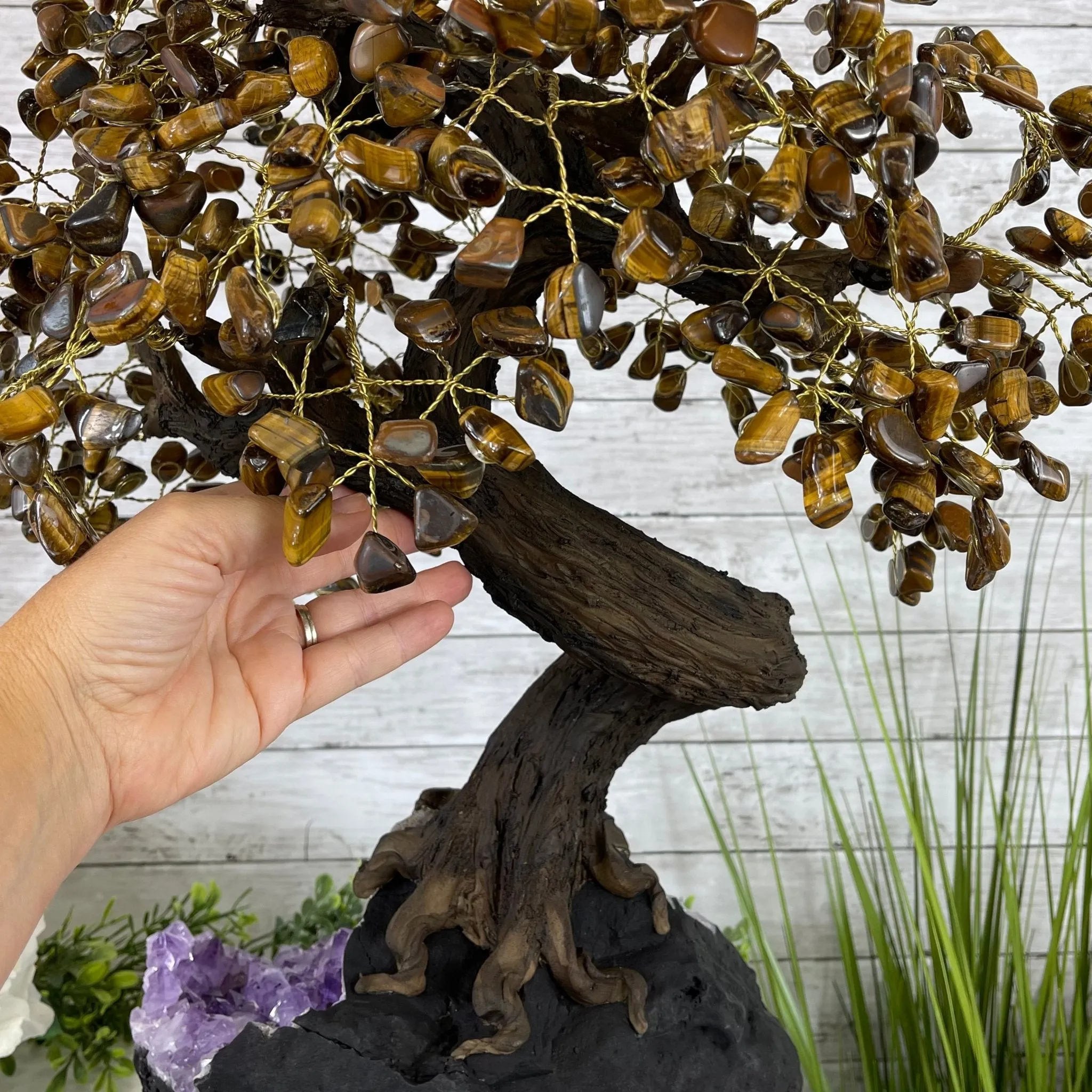 25" Tall Large Handmade Tiger's Eye Gemstone Tree on an Amethyst Base, 720 gems #5407TE-002 by Brazil Gems