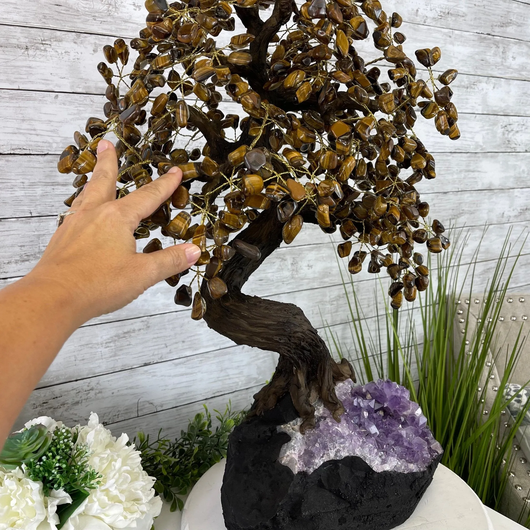 25" Tall Large Handmade Tiger's Eye Gemstone Tree on an Amethyst Base, 720 gems #5407TE-002 by Brazil Gems