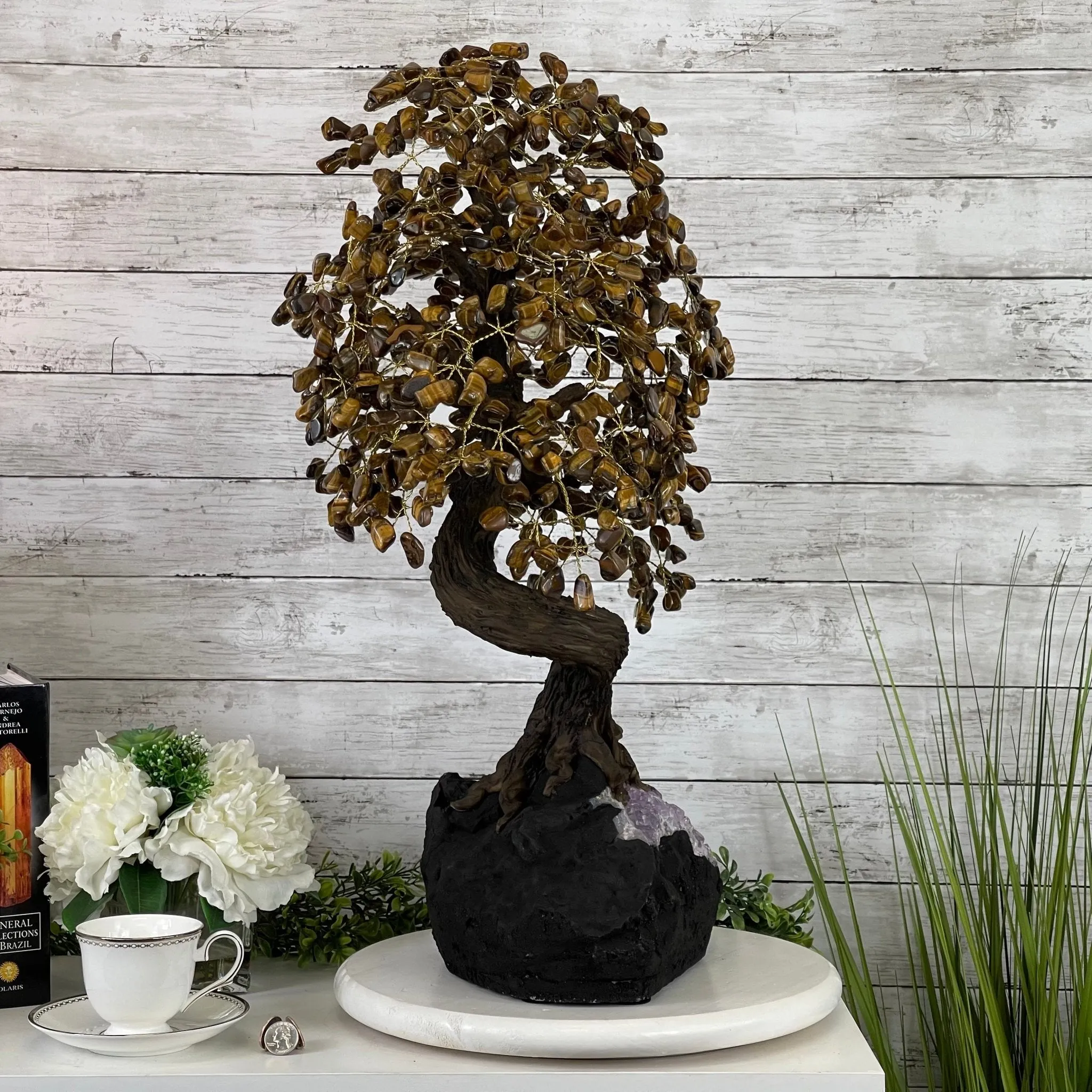 25" Tall Large Handmade Tiger's Eye Gemstone Tree on an Amethyst Base, 720 gems #5407TE-002 by Brazil Gems