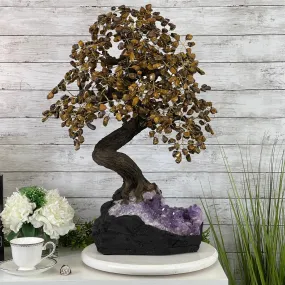 25" Tall Large Handmade Tiger's Eye Gemstone Tree on an Amethyst Base, 720 gems #5407TE-002 by Brazil Gems