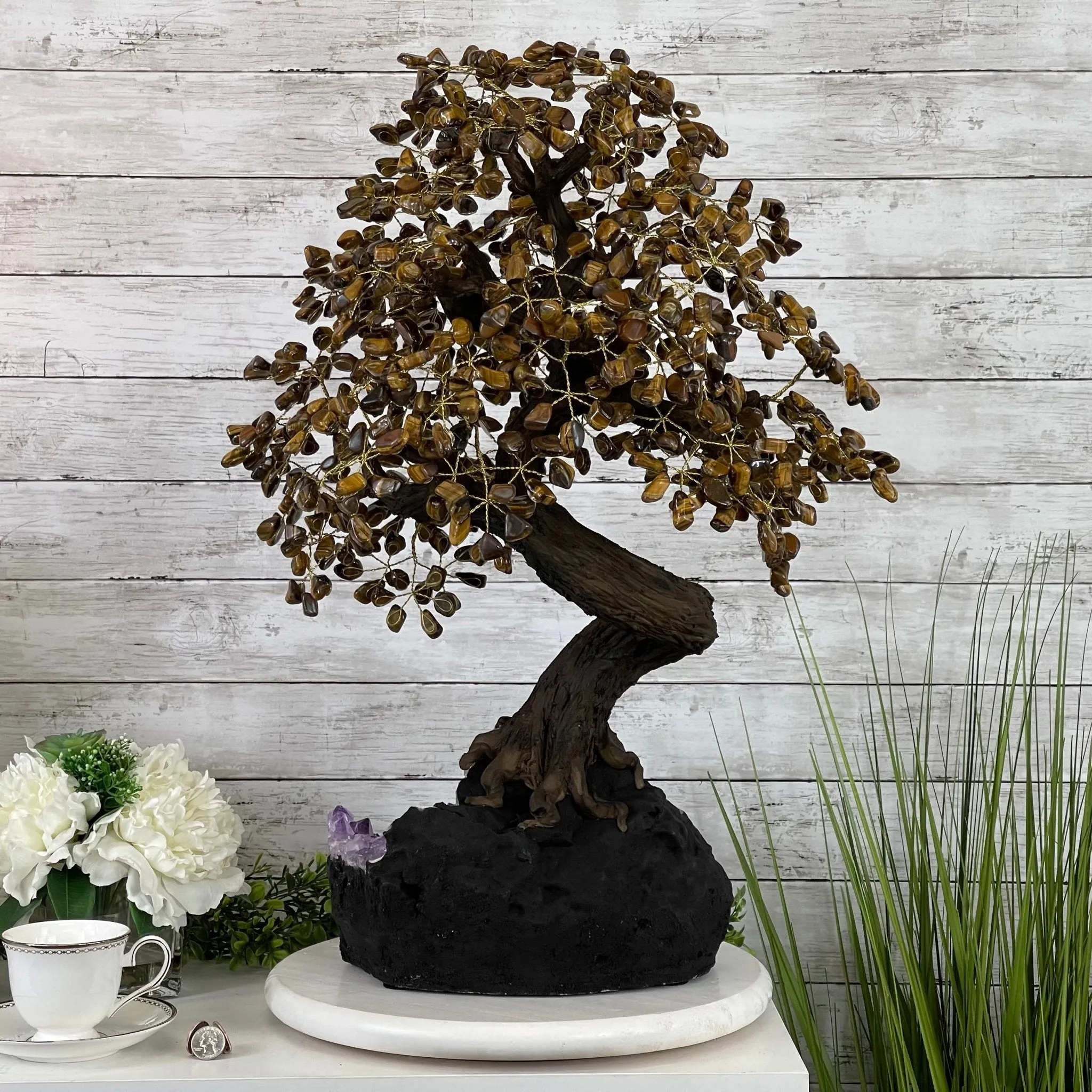 25" Tall Large Handmade Tiger's Eye Gemstone Tree on an Amethyst Base, 720 gems #5407TE-002 by Brazil Gems