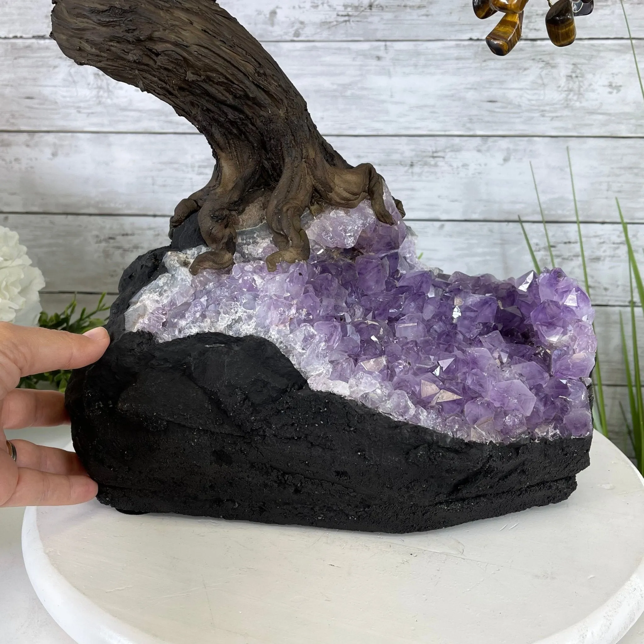 25" Tall Large Handmade Tiger's Eye Gemstone Tree on an Amethyst Base, 720 gems #5407TE-002 by Brazil Gems