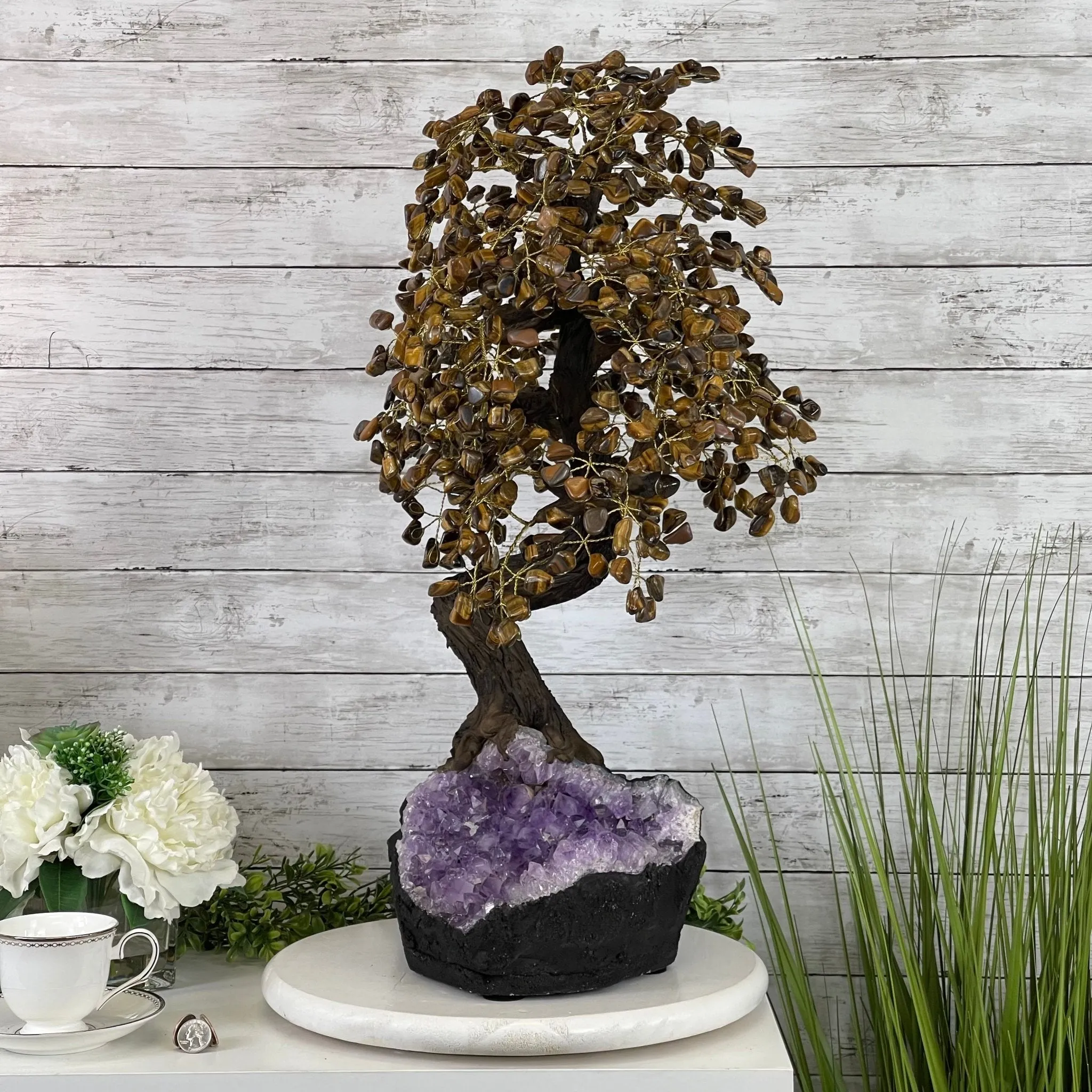 25" Tall Large Handmade Tiger's Eye Gemstone Tree on an Amethyst Base, 720 gems #5407TE-002 by Brazil Gems