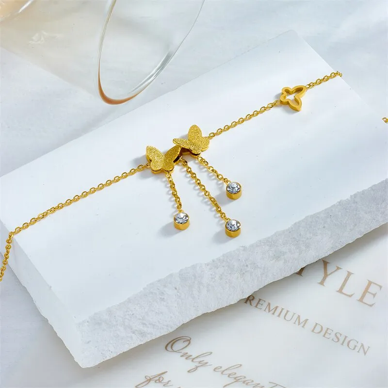 316L Stainless Steel Butterfly Zircon Charm Anklets For Women