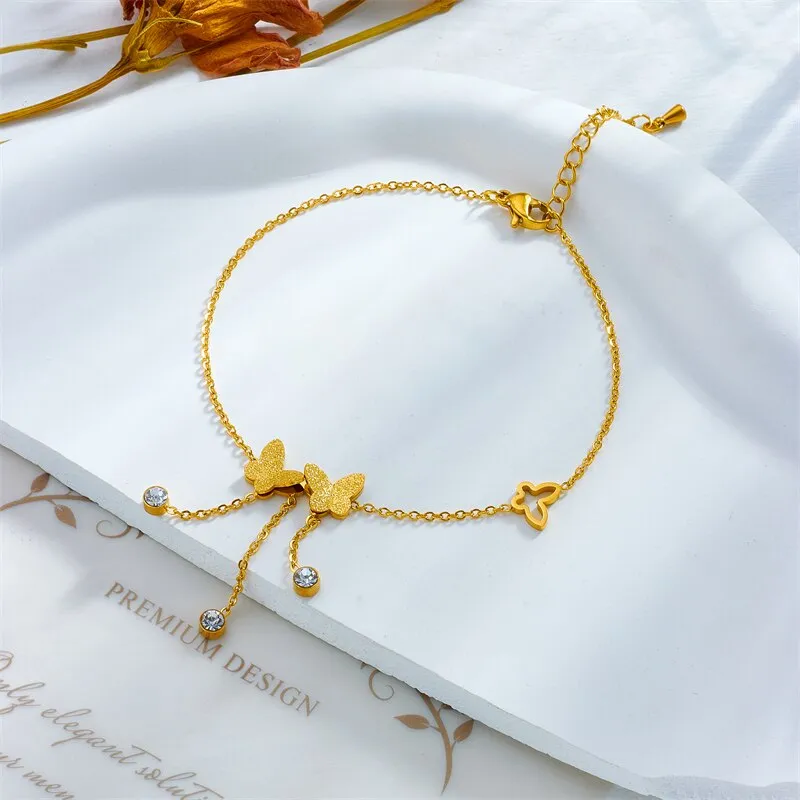 316L Stainless Steel Butterfly Zircon Charm Anklets For Women