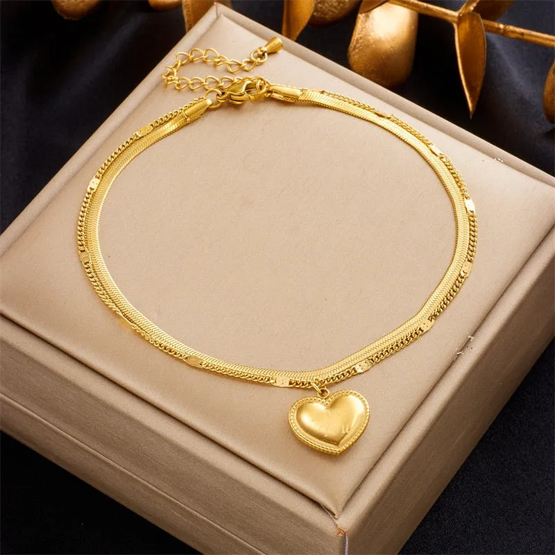 316L Stainless Steel Gold Color Big Heart Charm Anklets For Women