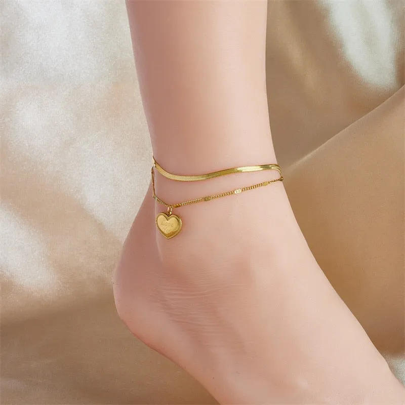 316L Stainless Steel Gold Color Big Heart Charm Anklets For Women