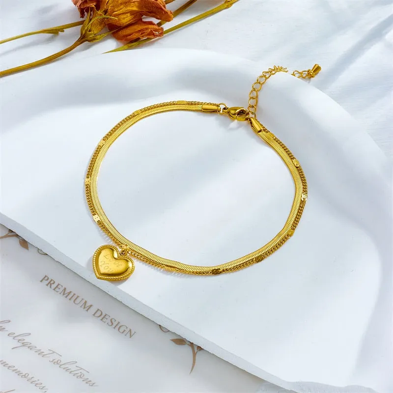 316L Stainless Steel Gold Color Big Heart Charm Anklets For Women