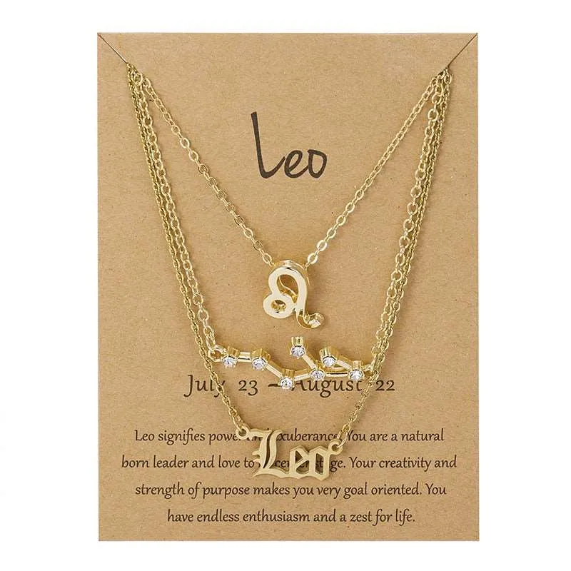 3Pcs/set 12 Zodiac Sign Multi Chain Necklaces For Women with Pendant Chain Choker