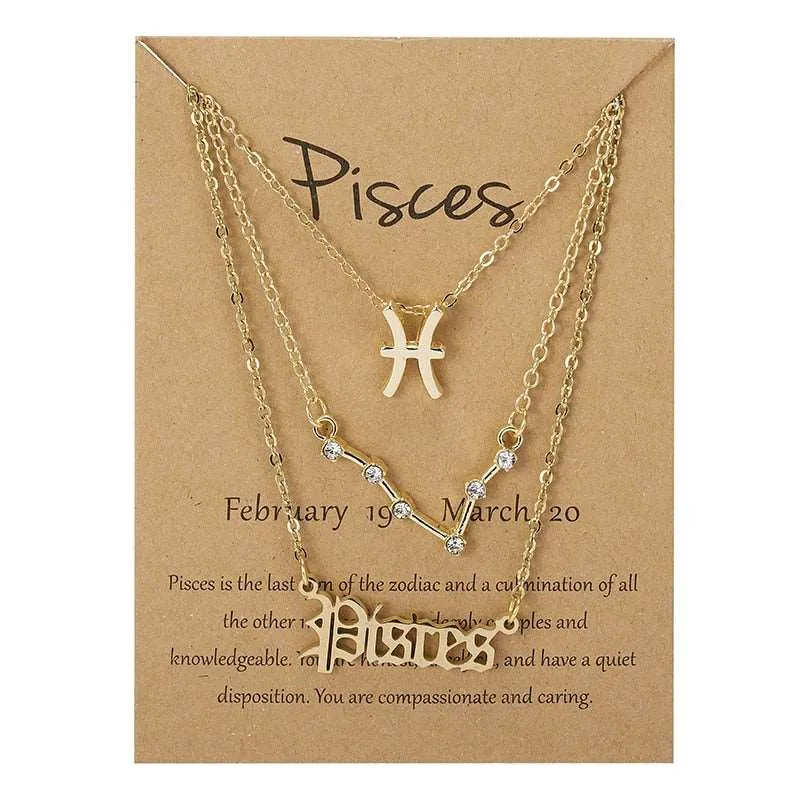 3Pcs/set 12 Zodiac Sign Multi Chain Necklaces For Women with Pendant Chain Choker
