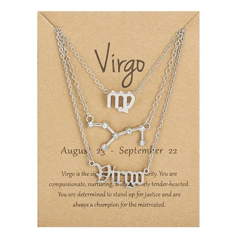 3Pcs/set 12 Zodiac Sign Multi Chain Necklaces For Women with Pendant Chain Choker