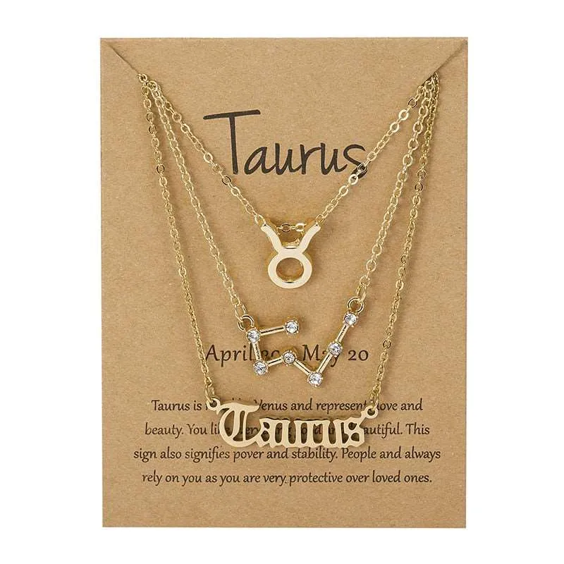 3Pcs/set 12 Zodiac Sign Multi Chain Necklaces For Women with Pendant Chain Choker