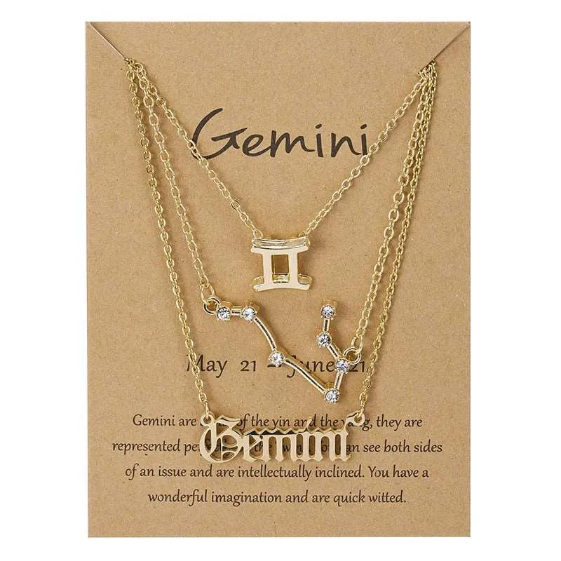 3Pcs/set 12 Zodiac Sign Multi Chain Necklaces For Women with Pendant Chain Choker