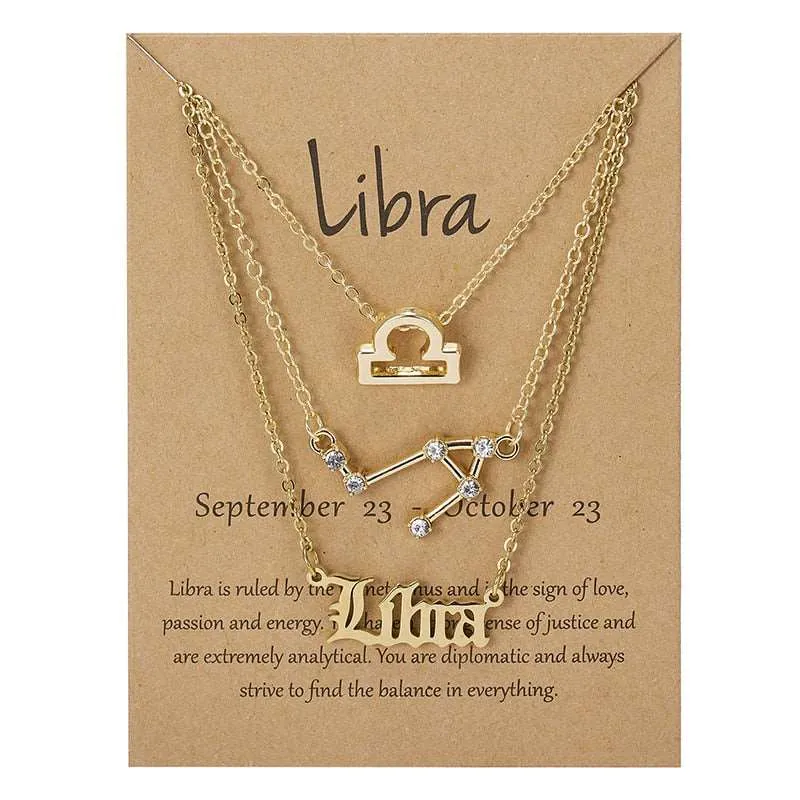 3Pcs/set 12 Zodiac Sign Multi Chain Necklaces For Women with Pendant Chain Choker