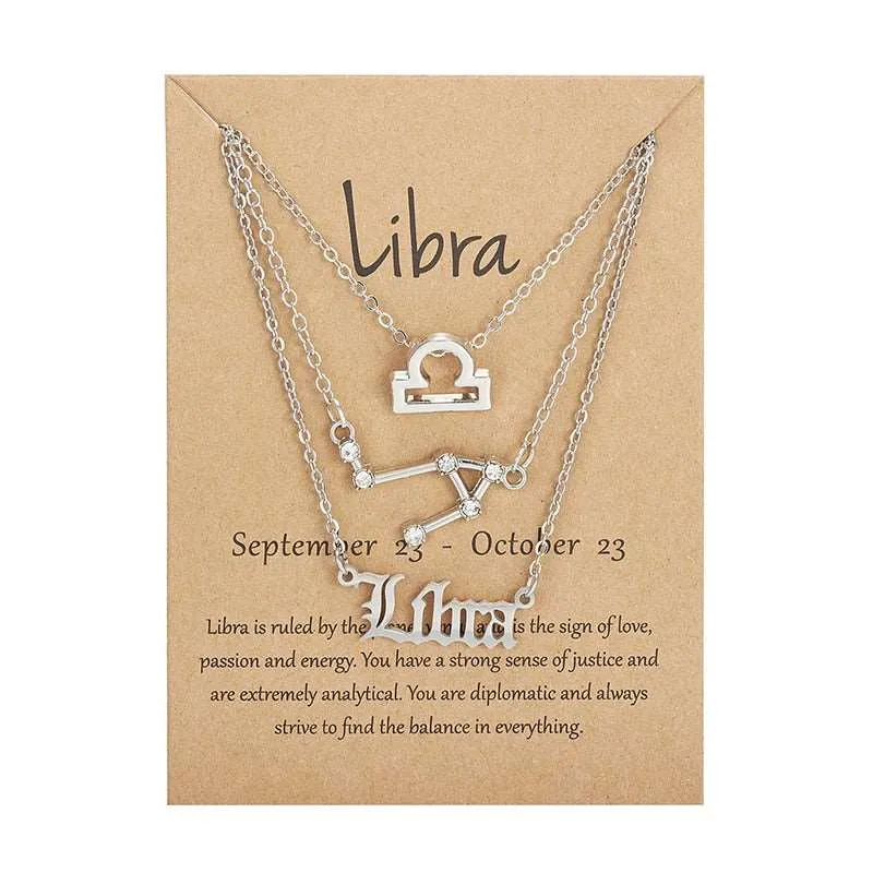 3Pcs/set 12 Zodiac Sign Multi Chain Necklaces For Women with Pendant Chain Choker