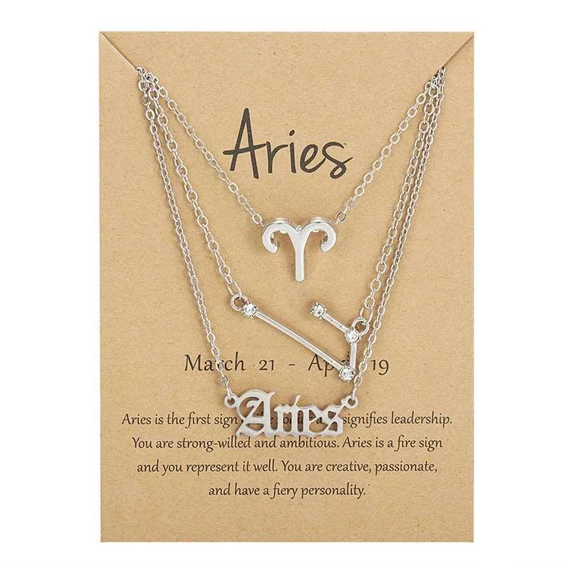3Pcs/set 12 Zodiac Sign Multi Chain Necklaces For Women with Pendant Chain Choker