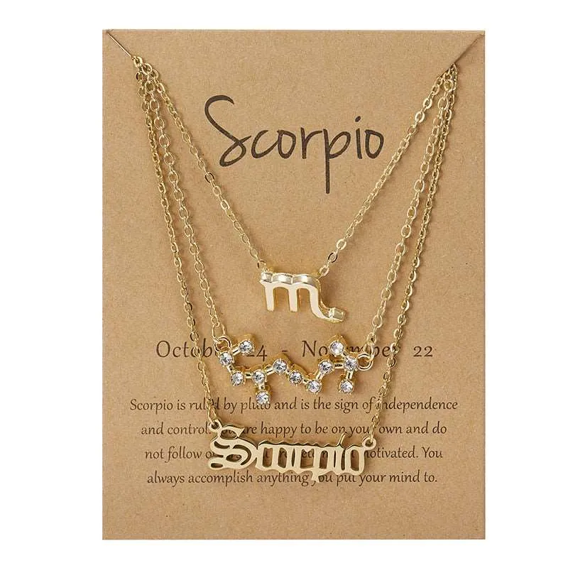 3Pcs/set 12 Zodiac Sign Multi Chain Necklaces For Women with Pendant Chain Choker