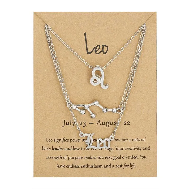 3Pcs/set 12 Zodiac Sign Multi Chain Necklaces For Women with Pendant Chain Choker
