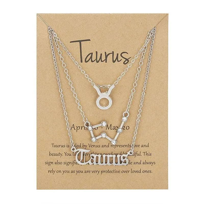 3Pcs/set 12 Zodiac Sign Multi Chain Necklaces For Women with Pendant Chain Choker