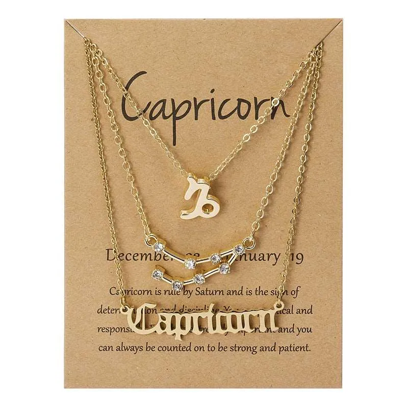 3Pcs/set 12 Zodiac Sign Multi Chain Necklaces For Women with Pendant Chain Choker