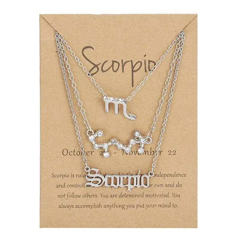 3Pcs/set 12 Zodiac Sign Multi Chain Necklaces For Women with Pendant Chain Choker