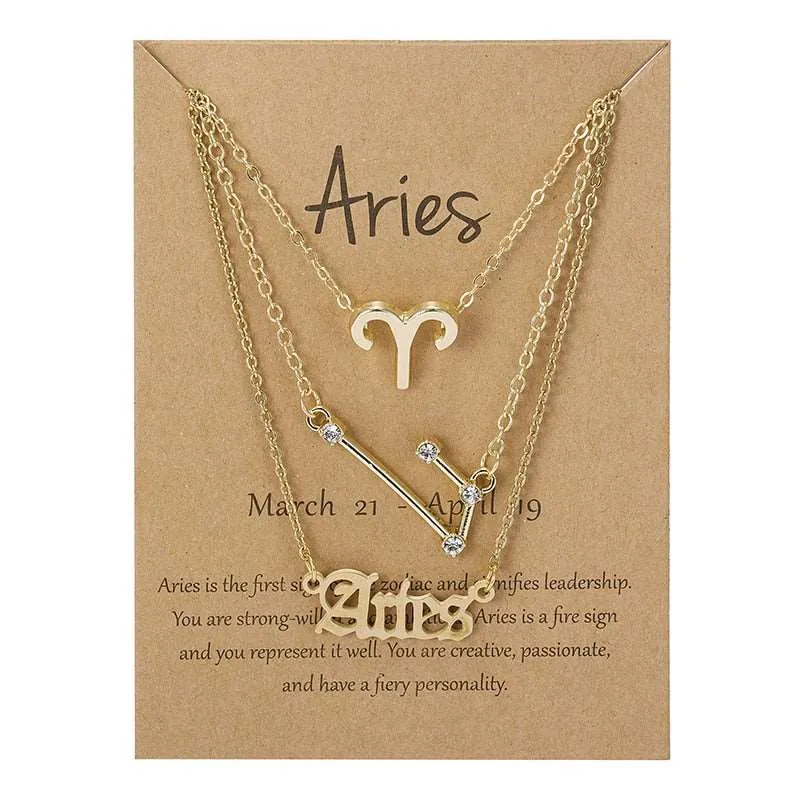 3Pcs/set 12 Zodiac Sign Multi Chain Necklaces For Women with Pendant Chain Choker