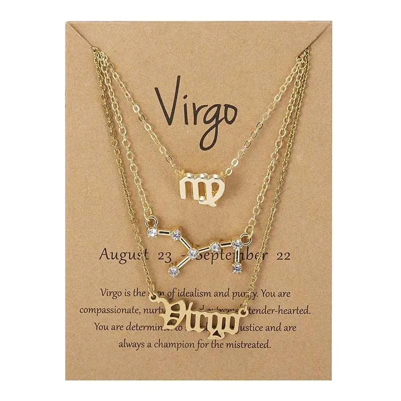 3Pcs/set 12 Zodiac Sign Multi Chain Necklaces For Women with Pendant Chain Choker