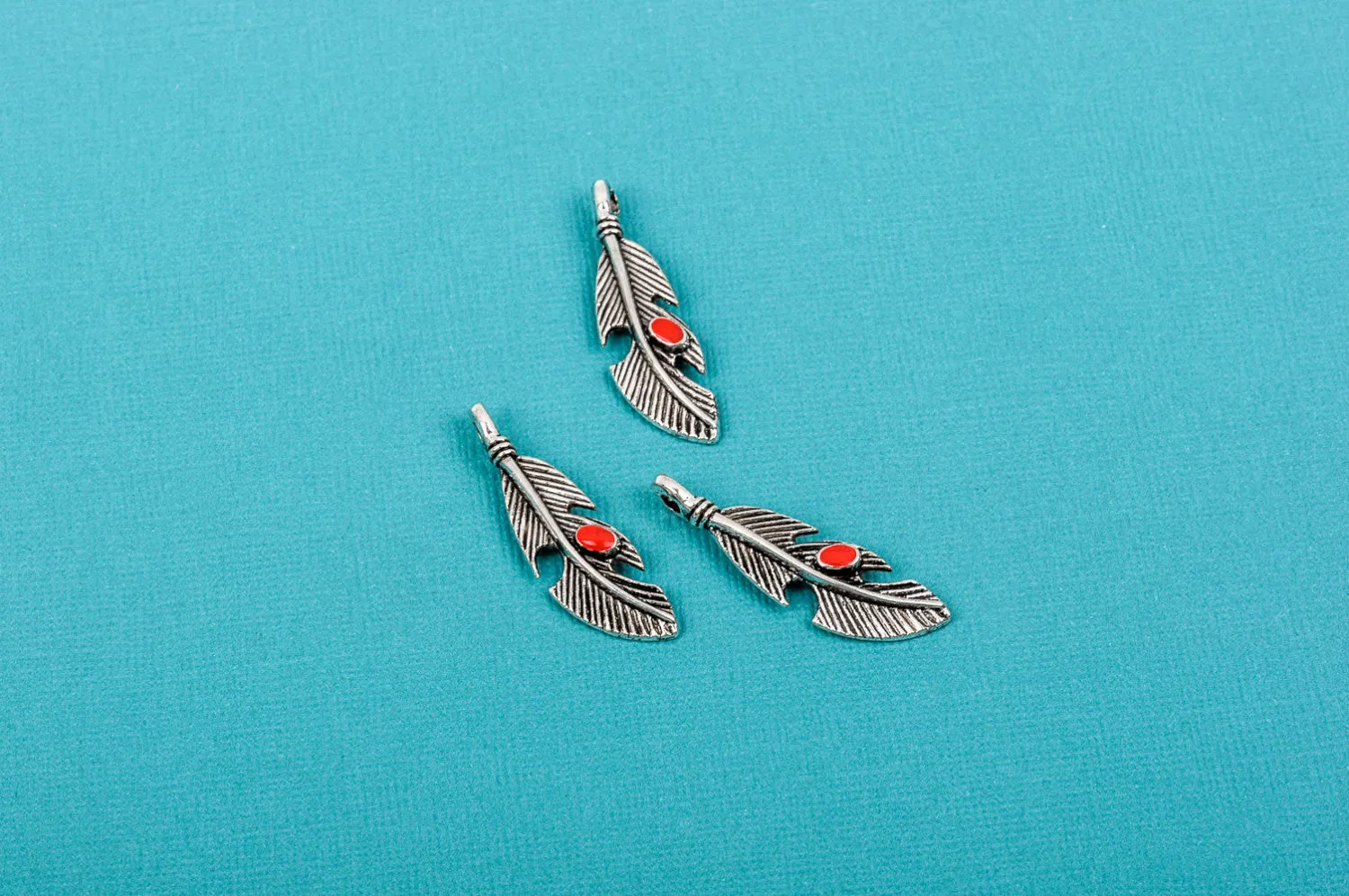 4 Silver FEATHER Charm Pendants, red enamel accent, 1.5" long  che0455
