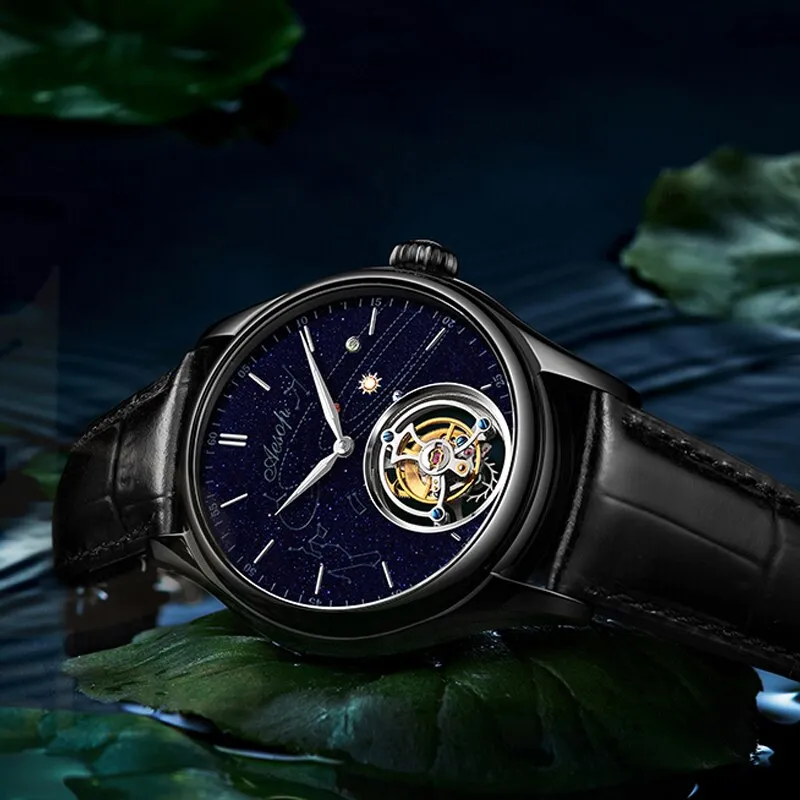 AESOP 7025 Real Tourbillon Watch Men&#39;s Sapphire Waterproof Watches For Men Mechanical Wristwatches Blue Stone relogio masculino