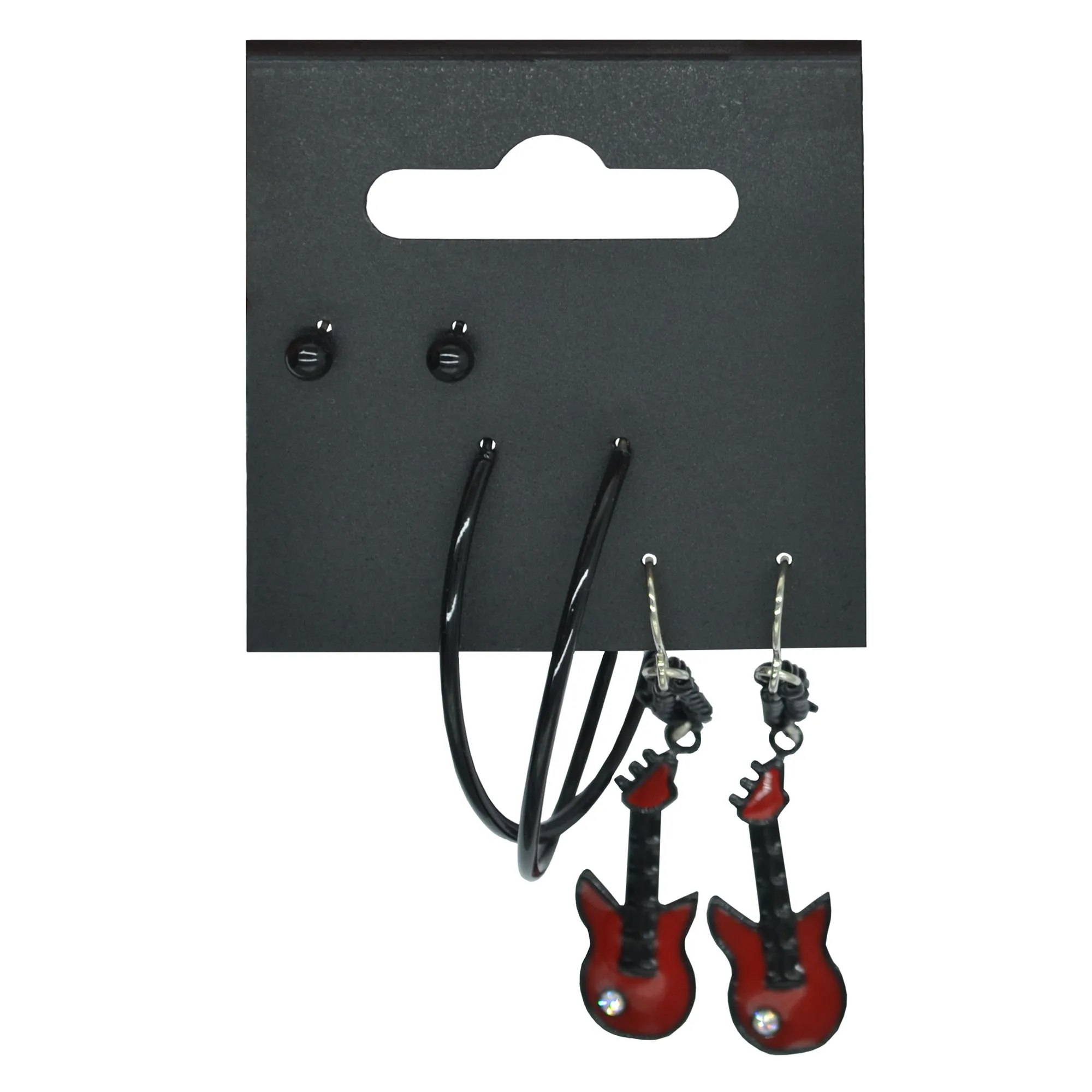 Black Ball Studs, Black Hoop & Chain Drop Electric Guitar with Diamante Stone Earrings on a Card